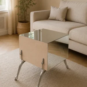 Meuble d’appoint en bois, miroir et métal